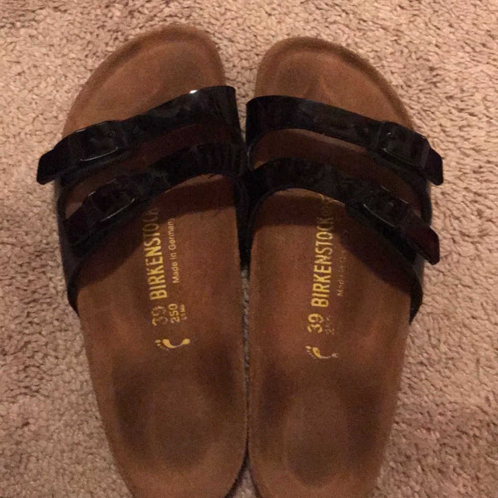 EUC Birkenstocks 2-strap patent black size 39